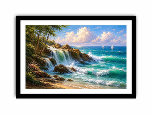 coastal waterfall canvas art for bright beach house living room decor.