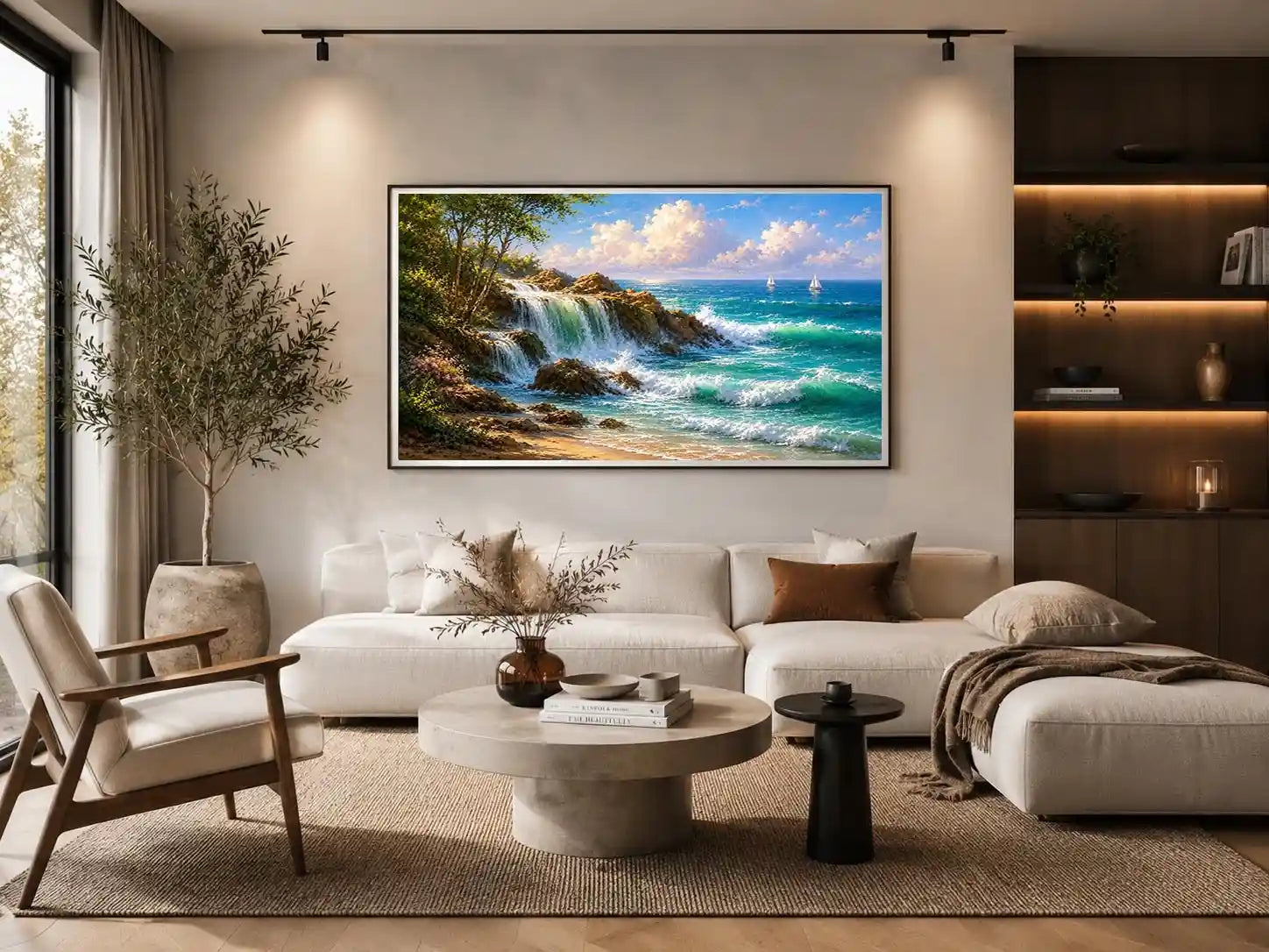 coastal waterfall canvas art for bright beach house living room decor.