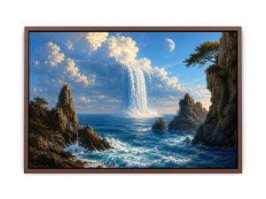 Surreal ocean waterfall canvas art with moonlit cliffs for statement living room decor.