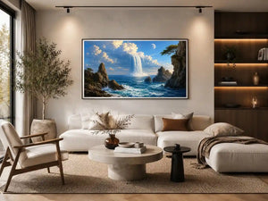 Surreal ocean waterfall canvas art with moonlit cliffs for statement living room decor.