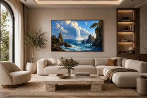Surreal ocean waterfall canvas art with moonlit cliffs for statement living room decor.