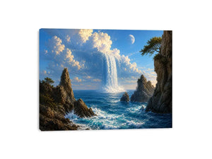 Surreal ocean waterfall canvas art with moonlit cliffs for statement living room decor.