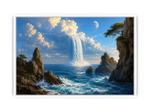 Surreal ocean waterfall canvas art with moonlit cliffs for statement living room decor.