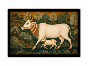 Traditional white cow and calf canvas art for warm dining room decor.
