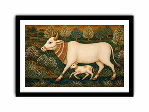 Traditional white cow and calf canvas art for warm dining room decor.