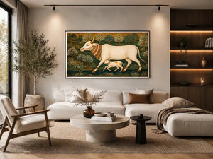Traditional white cow and calf canvas art for warm dining room decor.