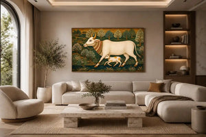 Traditional white cow and calf canvas art for warm dining room decor.