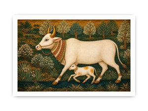 Traditional white cow and calf canvas art for warm dining room decor.