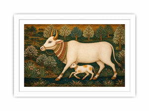 Traditional white cow and calf canvas art for warm dining room decor.