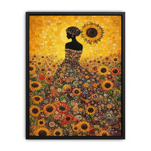 Vertical sunflower woman canvas art for colourful bedroom decor.