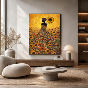 Vertical sunflower woman canvas art for colourful bedroom decor.