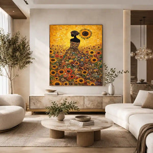 Vertical sunflower woman canvas art for colourful bedroom decor.