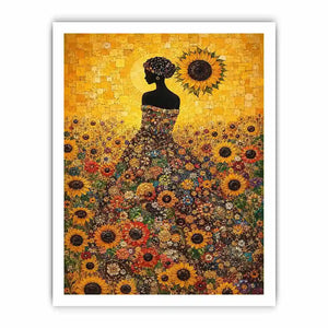 Vertical sunflower woman canvas art for colourful bedroom decor.