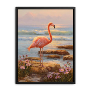 Coastal flamingo canvas art with ocean waves for serene bedroom decor.