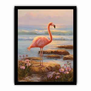 Coastal flamingo canvas art with ocean waves for serene bedroom decor.