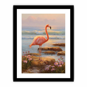 Coastal flamingo canvas art with ocean waves for serene bedroom decor.