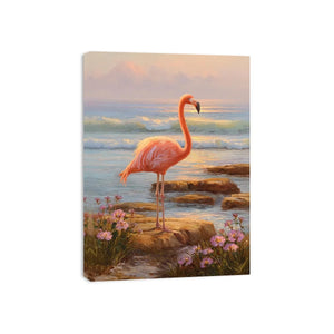Coastal flamingo canvas art with ocean waves for serene bedroom decor.