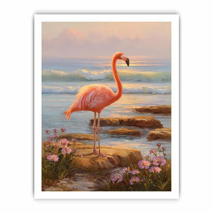 Coastal flamingo canvas art with ocean waves for serene bedroom decor.