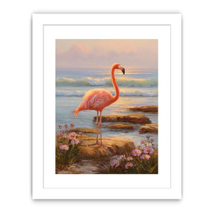 Coastal flamingo canvas art with ocean waves for serene bedroom decor.