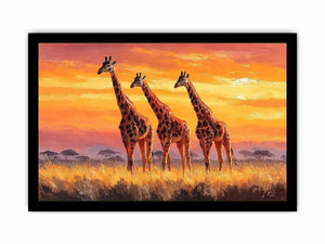 Horizontal giraffe sunset canvas art for warm living room decor.