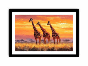 Horizontal giraffe sunset canvas art for warm living room decor.
