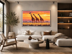 Horizontal giraffe sunset canvas art for warm living room decor.