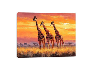 Horizontal giraffe sunset canvas art for warm living room decor.