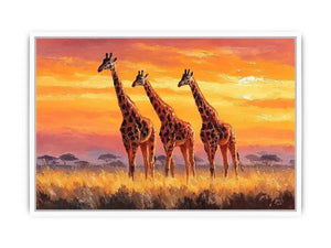 Horizontal giraffe sunset canvas art for warm living room decor.
