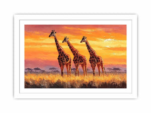Horizontal giraffe sunset canvas art for warm living room decor.