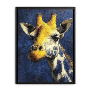 Blue giraffe portrait canvas art for modern office and hallway decor.