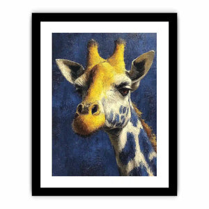 Blue giraffe portrait canvas art for modern office and hallway decor.
