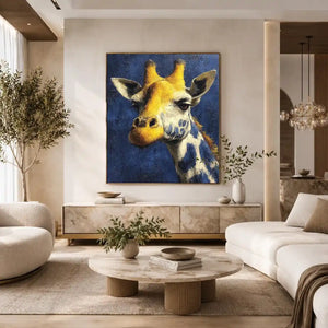 Blue giraffe portrait canvas art for modern office and hallway decor.