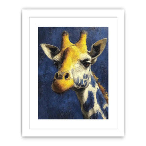 Blue giraffe portrait canvas art for modern office and hallway decor.