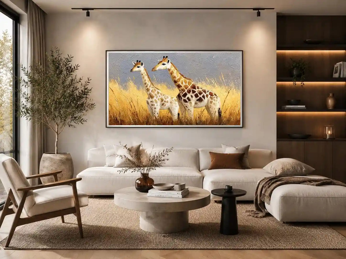 Soft giraffe savanna canvas art for neutral nursery and living room decor.