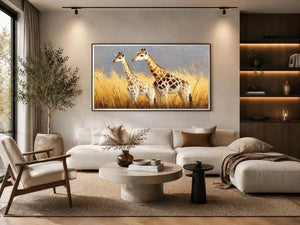 Soft giraffe savanna canvas art for neutral nursery and living room decor.