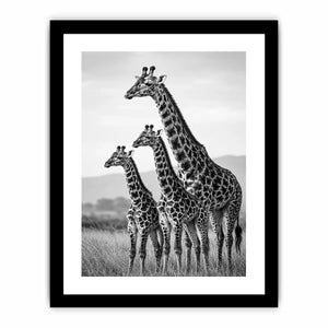Vertical black and white giraffe family canvas art for hallway decor.