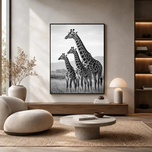 Vertical black and white giraffe family canvas art for hallway decor.