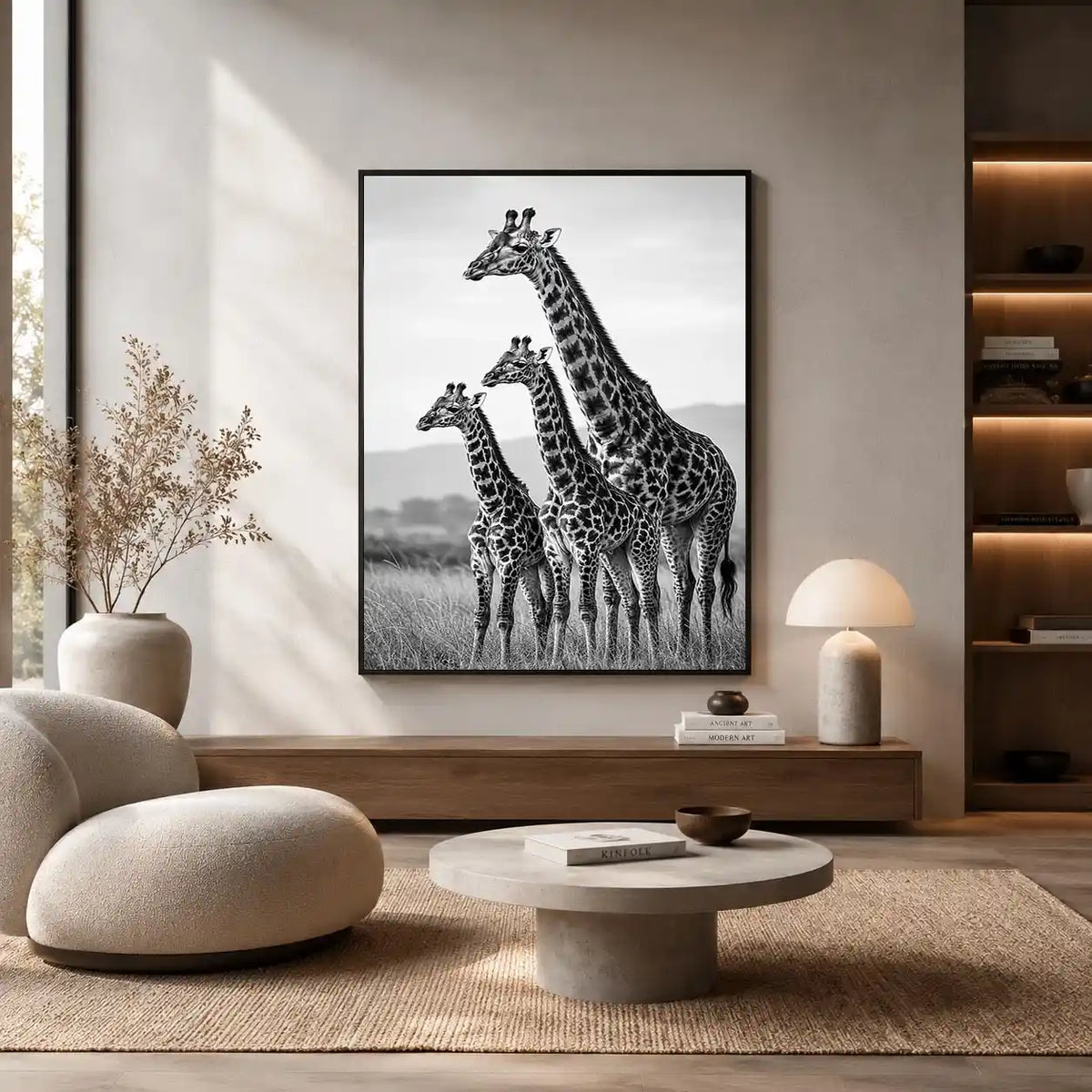 Vertical black and white giraffe family canvas art for hallway decor.