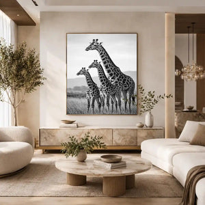 Vertical black and white giraffe family canvas art for hallway decor.