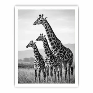 Vertical black and white giraffe family canvas art for hallway decor.