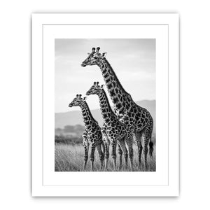 Vertical black and white giraffe family canvas art for hallway decor.