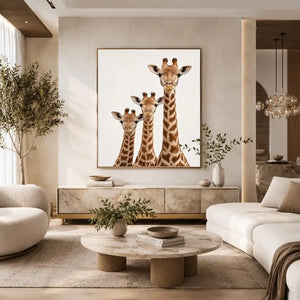 Square giraffe trio canvas art for nursery and kids room decor.