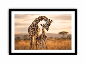 giraffe mother and calf canvas art for warm living room decor.