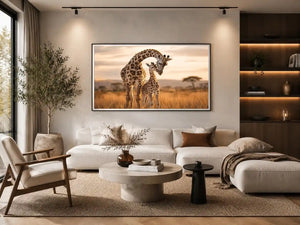 giraffe mother and calf canvas art for warm living room decor.