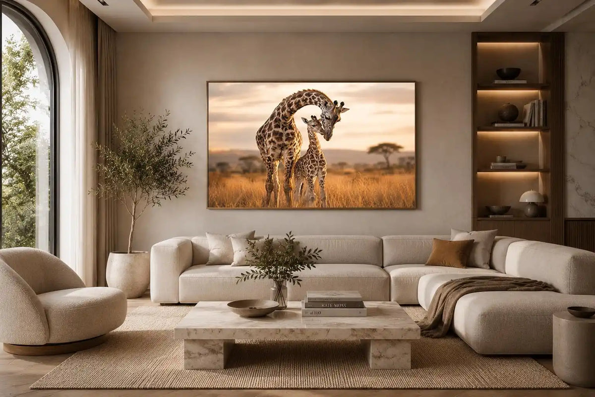 giraffe mother and calf canvas art for warm living room decor.