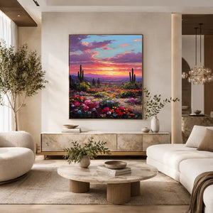 Vertical desert cactus sunset canvas art for colourful bedroom decor.
