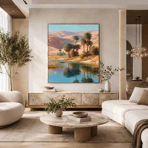 Oasis palm landscape canvas art for serene living room decor.
