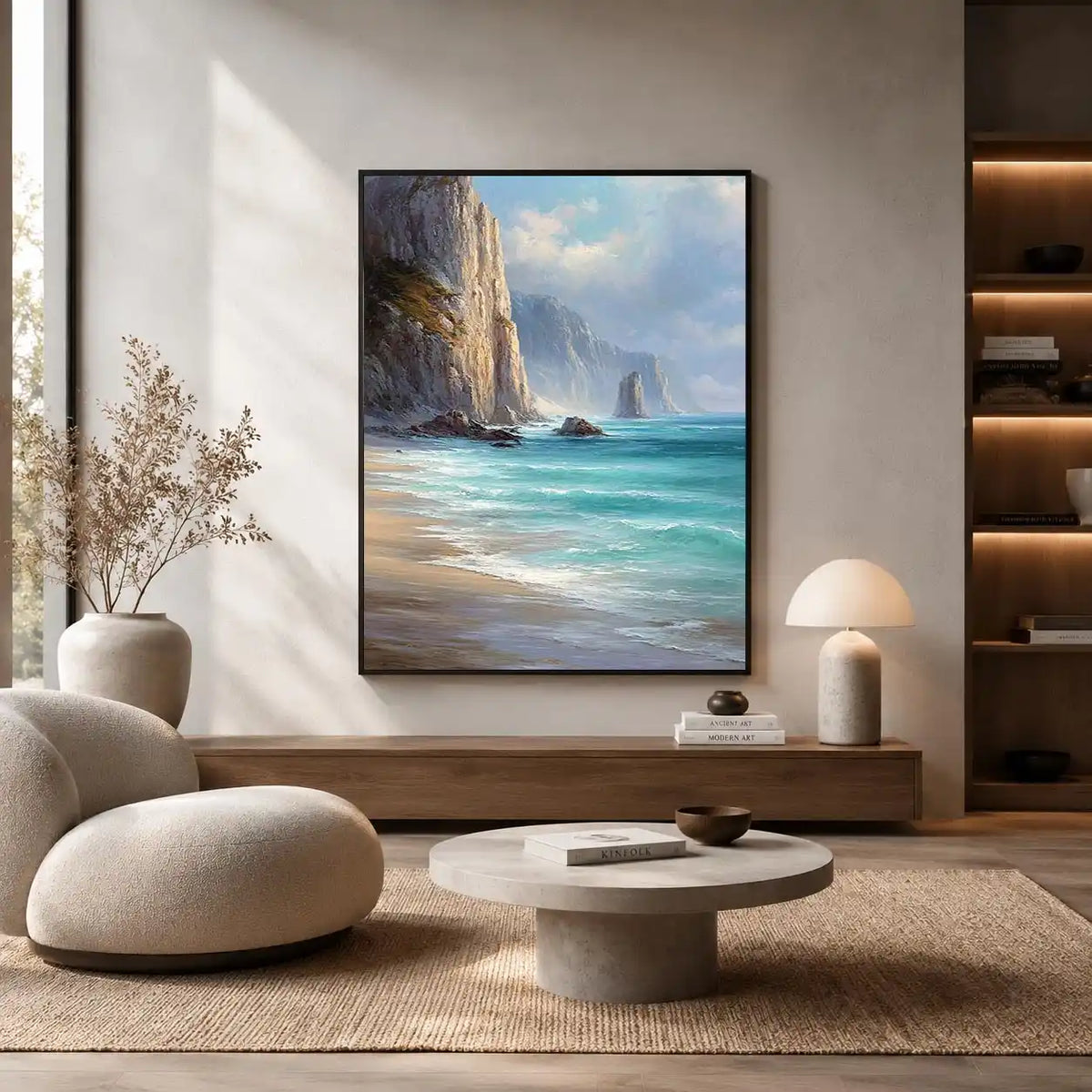 Coastal cliff ocean canvas art for serene beach house decor.