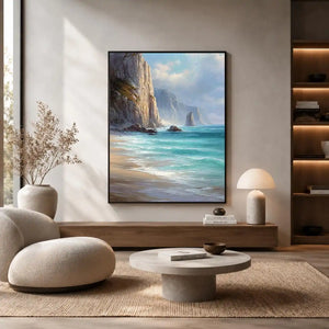 Coastal cliff ocean canvas art for serene beach house decor.
