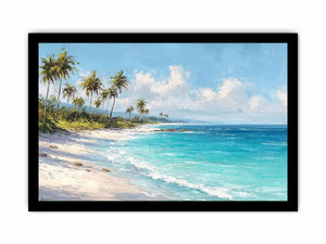 Tropical beach canvas art with palm trees and turquoise ocean for coastal living room decor.